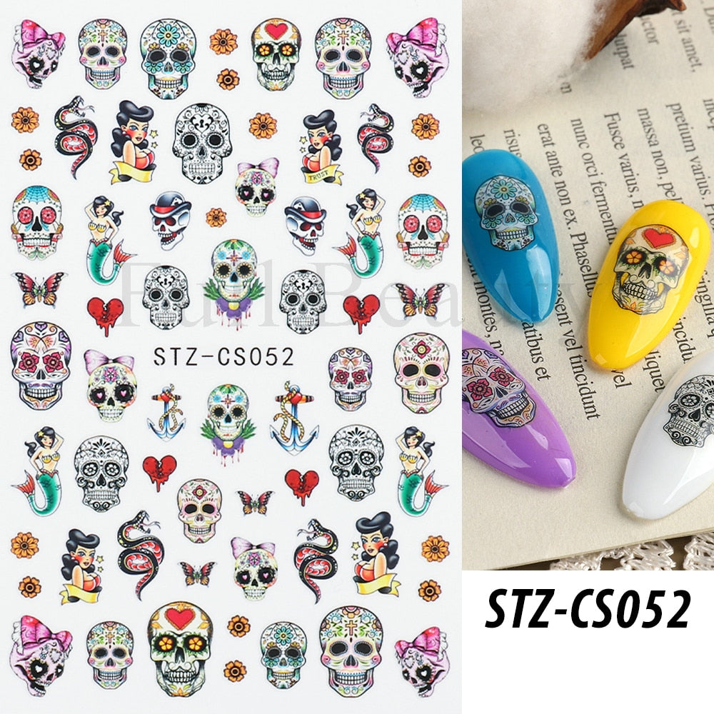 3D Halloween Nail Art Stickers Sugar Skull Sliders For Nails