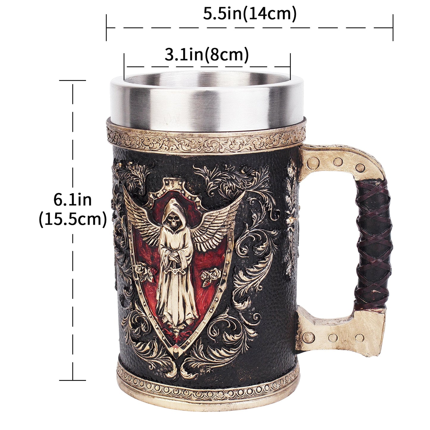 Wing Sword Shield Skull Cup Stainless Steel 3D Grim Reaper Mugs for Retro Beer Coffee Mug