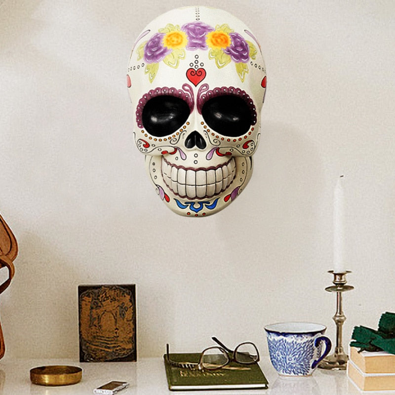 Human Skull Head Wall Hanging Statue Colorful Drawing Sugar Skeleton Wall-mount Ornaments Tabletop Halloween Home Decor Gift