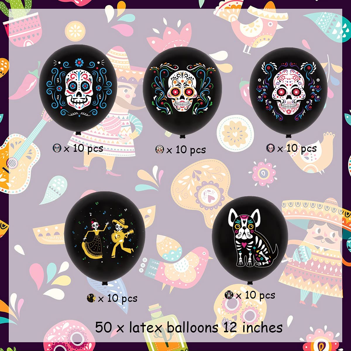 50pcs Day of The Dead Balloons Dia DE Los Muertos Party Decoration Skull Latex Balloons