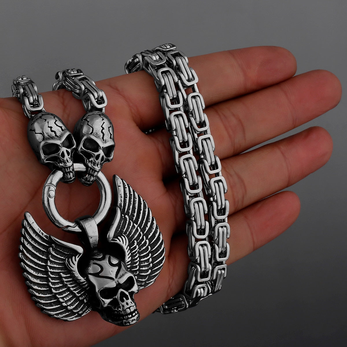 Angel Wings Skull Pendant Ghost Head Necklace for Men High Quality Punk Charm Stainless Steel Necklace Boyfriend Jewelry As Gift