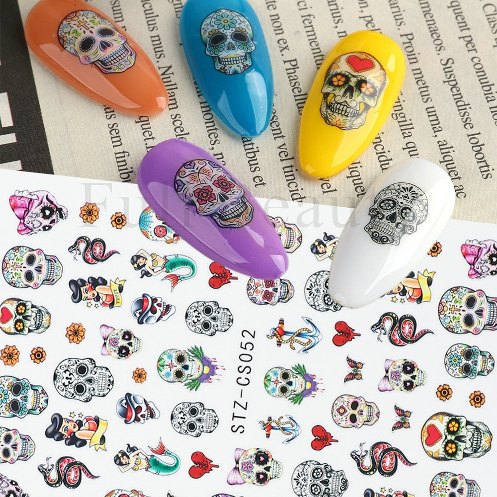 3D Halloween Nail Art Stickers Sugar Skull Sliders For Nails