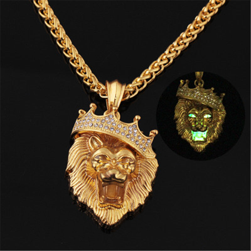 Glow In The Dark Crown Lion Tiger Pendant Necklaces Gold Color Rock Animal Necklaces For Women Men Jewelry
