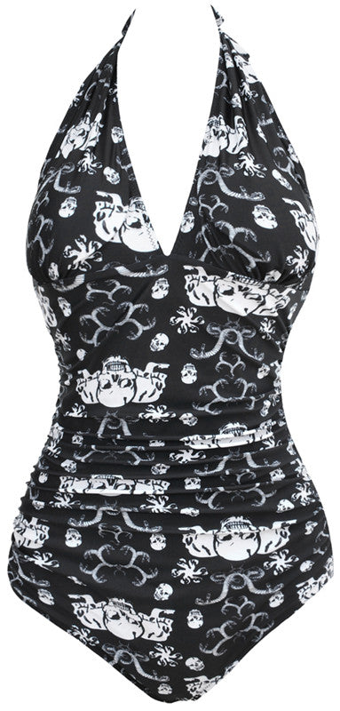 Sexy Women Strappy One Piece Swimsuit Push Up Skull Print Halter