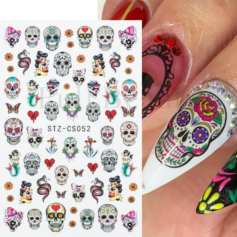 3D Halloween Nail Art Stickers Sugar Skull Sliders For Nails