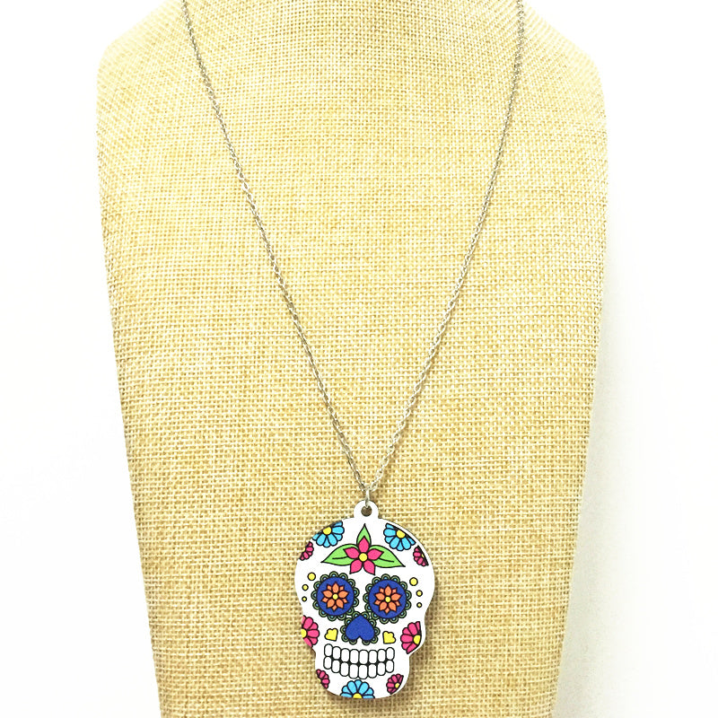 Simple Catrina Acrylic Sugar Skull Necklace Calavera Holloween Day Jewelry for Boy and Girls