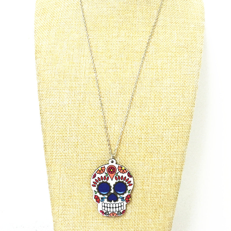 Simple Catrina Acrylic Sugar Skull Necklace Calavera Holloween Day Jewelry for Boy and Girls