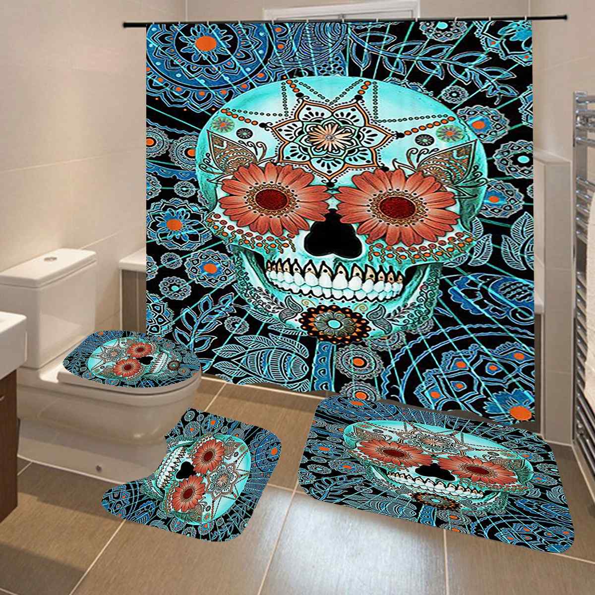 Skull Bathroom Shower Curtains Non Slip Floor Mat Rug Lid Toilet Cover Waterproof