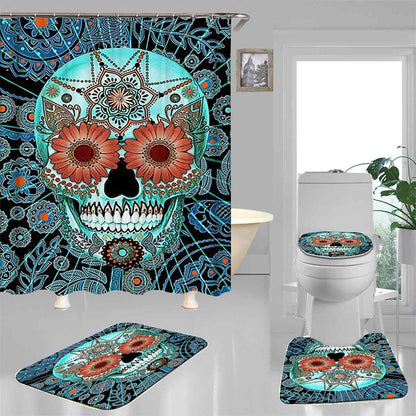 Skull Bathroom Shower Curtains Non Slip Floor Mat Rug Lid Toilet Cover Waterproof