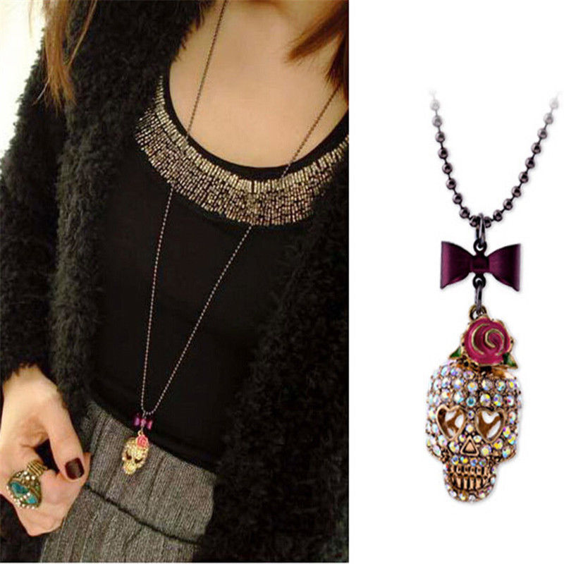 Skull Head Pendant Necklace With Rose Flower Bow Tie Long Chain Hot Gothic Hip Hop Femal Sweater Necklace Jewelry New