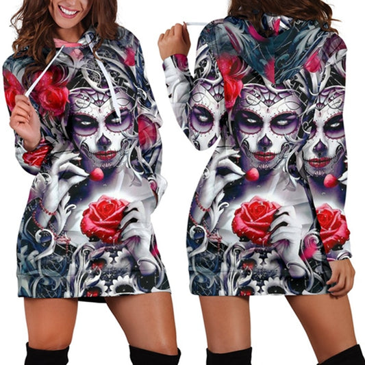 Skull Long Sleeve Bodycon Women Mini Dress Rose Floral Hoodies