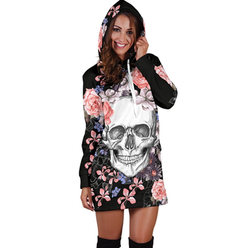 Skull Long Sleeve Bodycon Women Mini Dress Rose Floral Hoodies