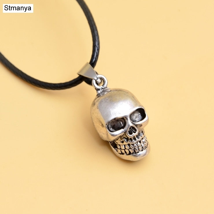 Skull Necklace - Hot Sale Skull Pendant Zinc Alloy Necklaces  Pendants Black Leather Chain Skull Pendant Silver Necklace 19074