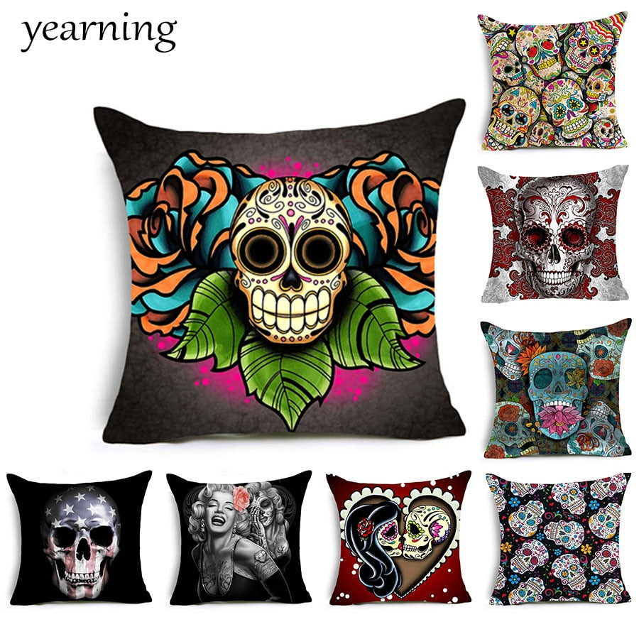 Skull Pattern Cushion Cover Colorful Print Polyester Pillow Casr