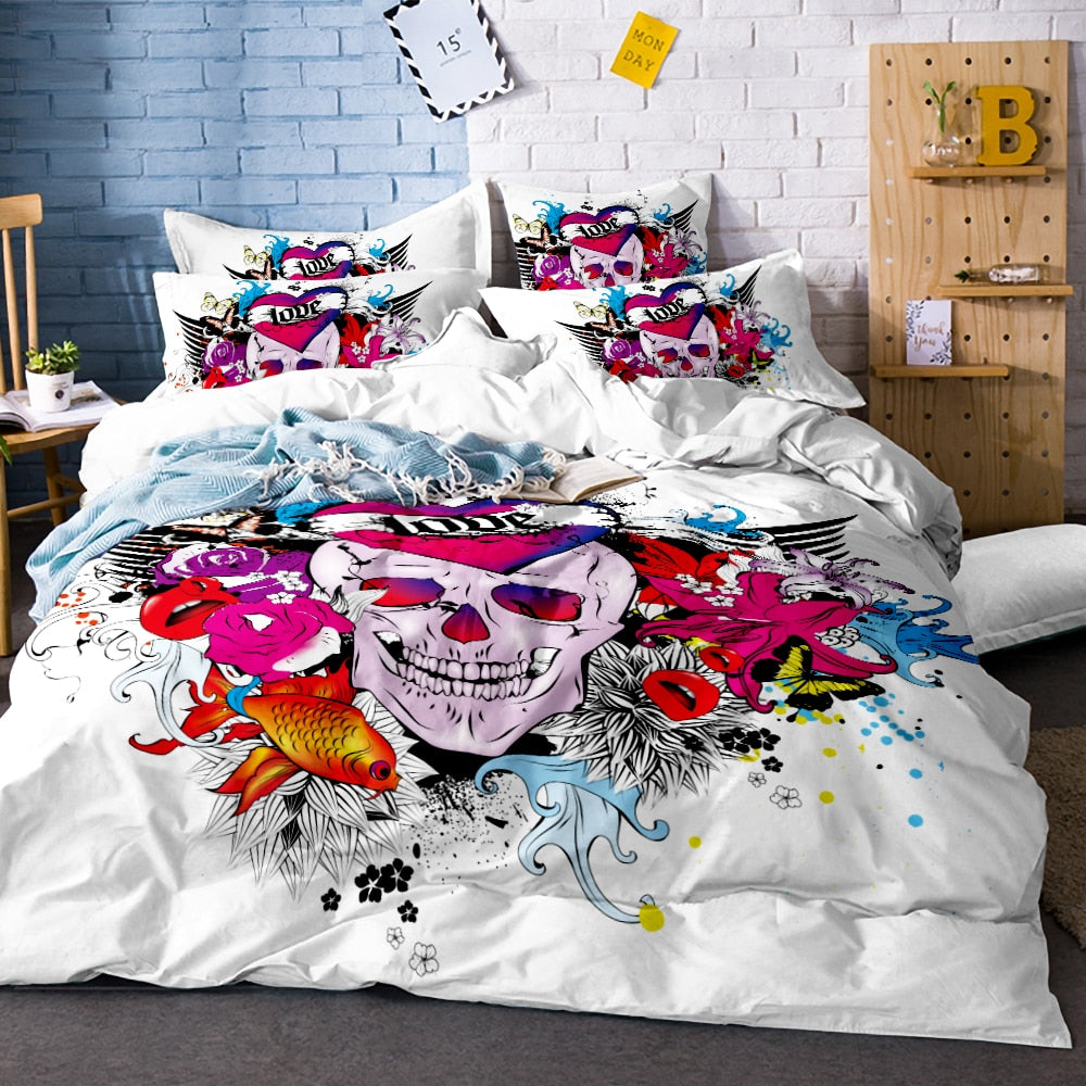 Skull Printed Duvet Cover Set 3pcs Single Double Queen King