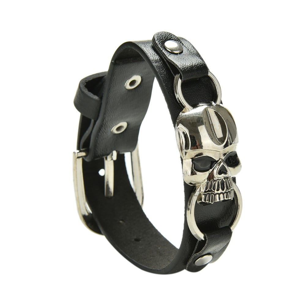 Skull Pu Charm Bracelets Stainless Steel Rivet Punk Leather Bracelet 24.5cm