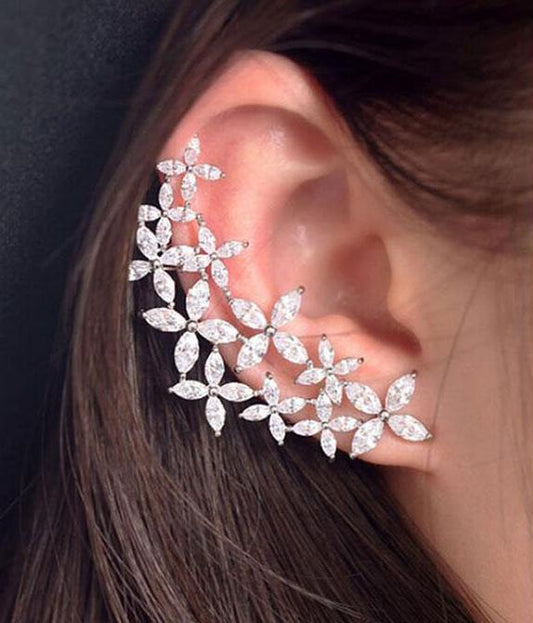 Snowflake Flower Boom Asymmetric Cubic Zirconia Women Engagement Ear Bone Cuff Earrings Stud Party Jewelry