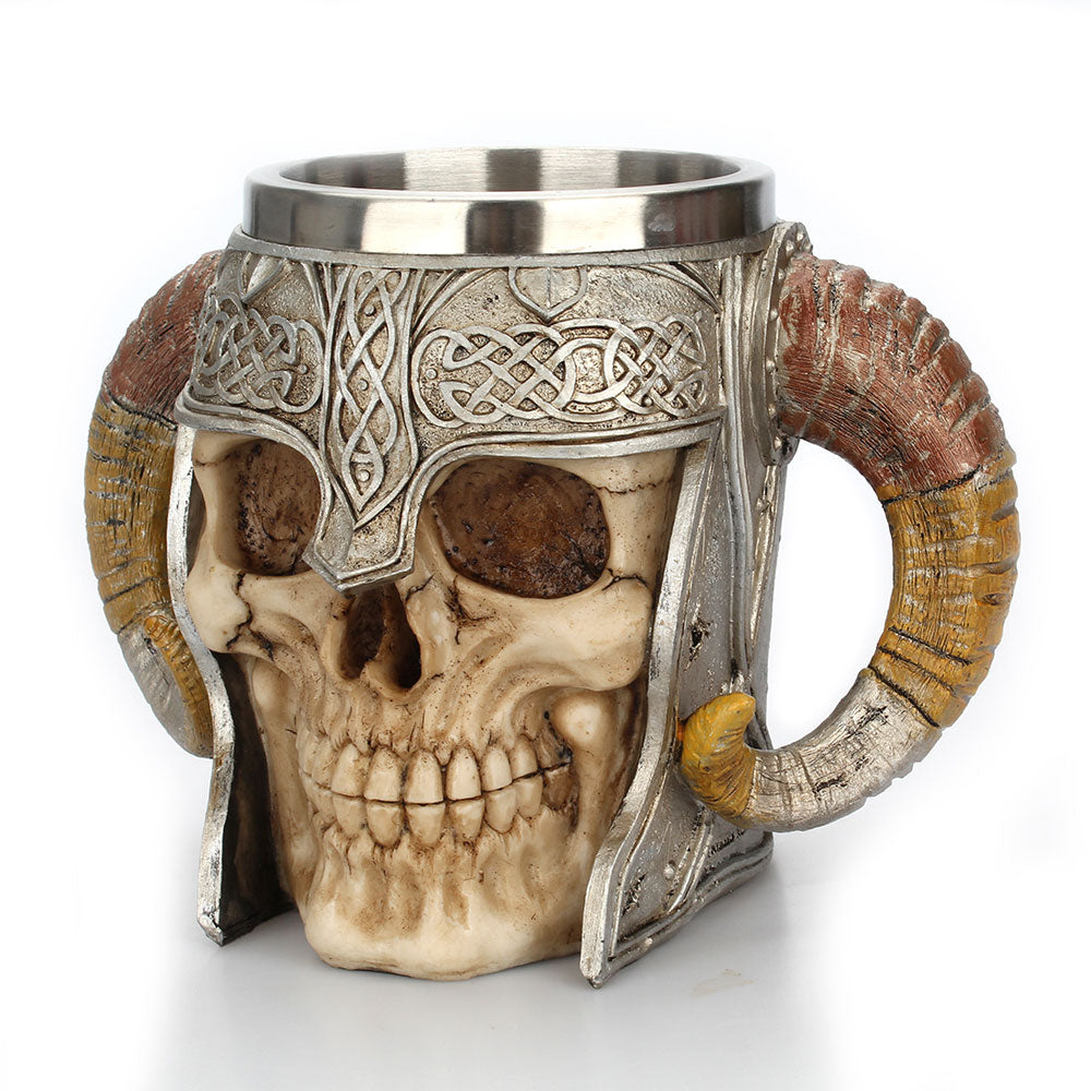 Stainless Steel Skull Mug Viking Ram Horned Pit Lord Warrior Beer Stein Tankard