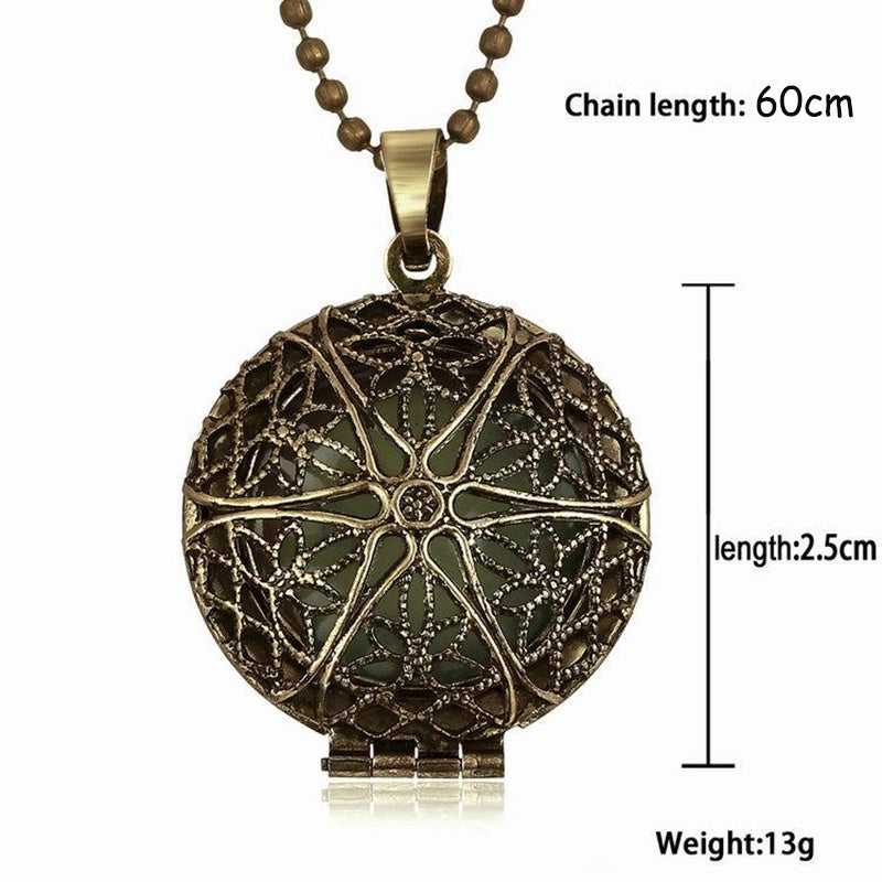 Antique Bronze Magic Round Locket Glow In The Dark Pendant Necklace Glowing Luminous Vintage Hollow Necklace Gift