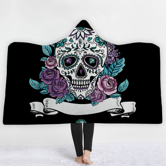 Sugar Flower Skull Hooded Blanket Poncho Throw Wearable Fleece Soft Plush Plaid Manta For Adults Funny Large Warm Blankets