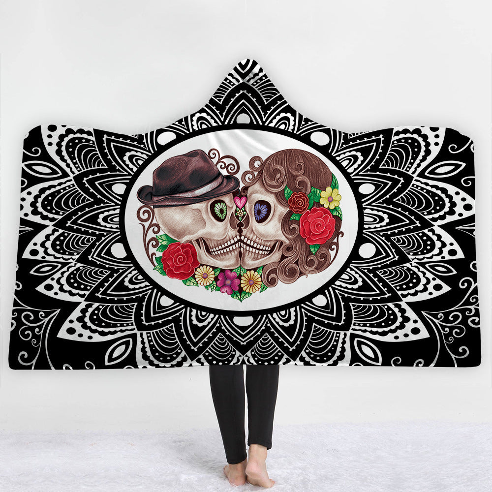 Sugar Flower Skull Hooded Blanket Poncho Throw Wearable Fleece Soft Plush Plaid Manta For Adults Funny Large Warm Blankets