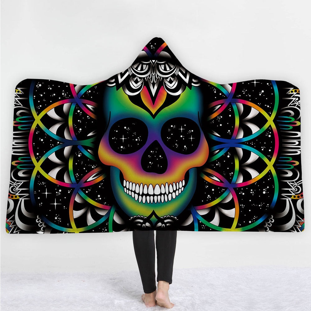 Sugar Flower Skull Hooded Blanket Poncho Throw Wearable Fleece Soft Plush Plaid Manta For Adults Funny Large Warm Blankets