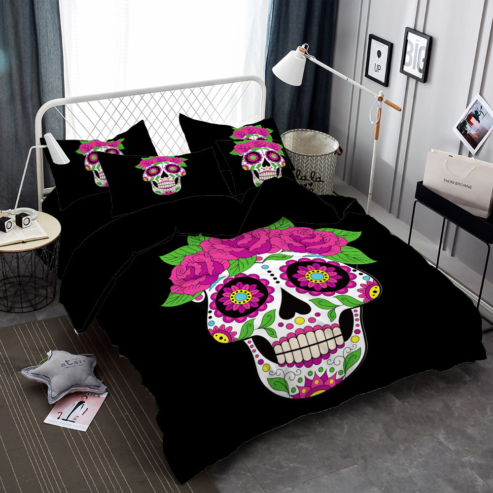 Sugar Skull Bedding Set Ladies Sweet Duvet Cover Flower Print Halloween Bed Cover Pillowcase Soft Bedclothes Home Decor