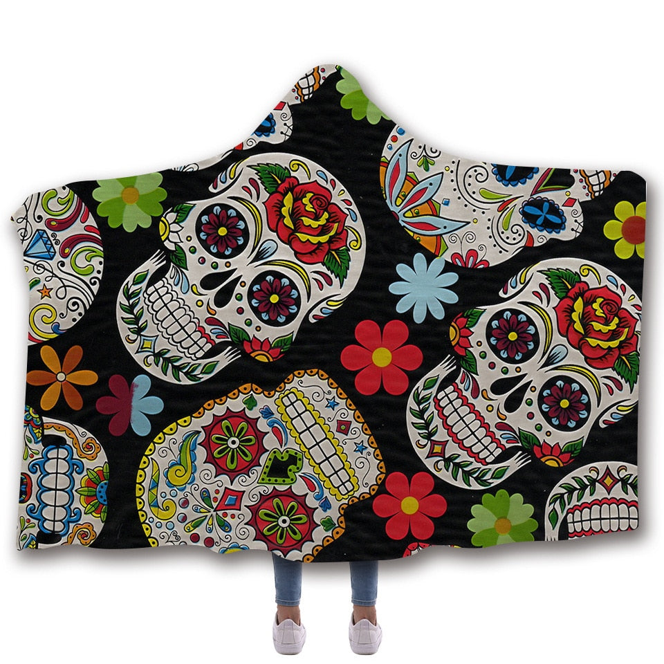 Sugar Skull Flower Hooded Blanket