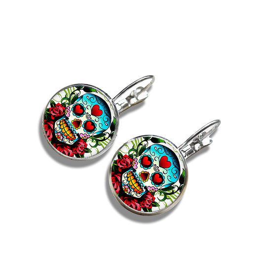Sugar Skull Glass Cabochon Stud Earings. Day of The Dead Silver Color Glass Dome Jewelry