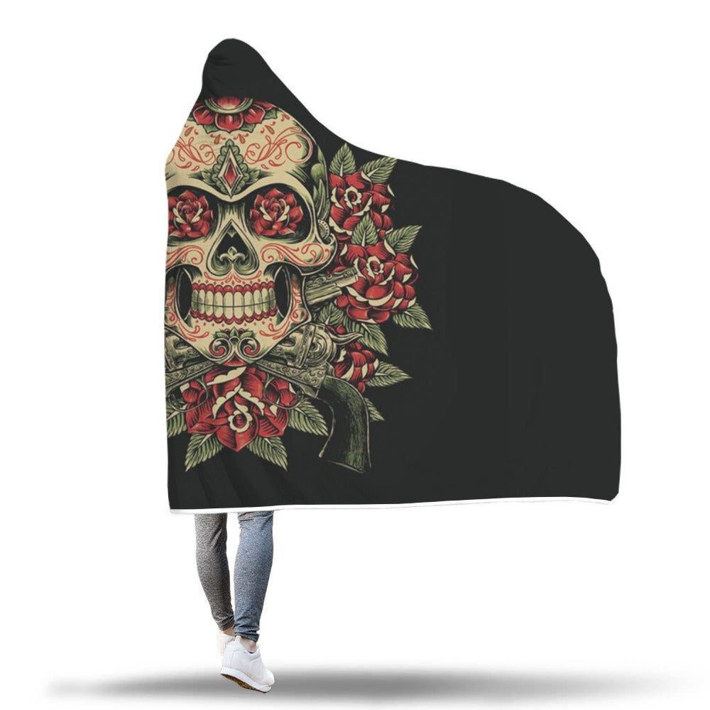 Sugar Skull Printed Cool Hooded Blanket for Adults Kids Sherpa Fleece Wearable Picnic Bed Sofa Throw Warm Blankets 150x200cm