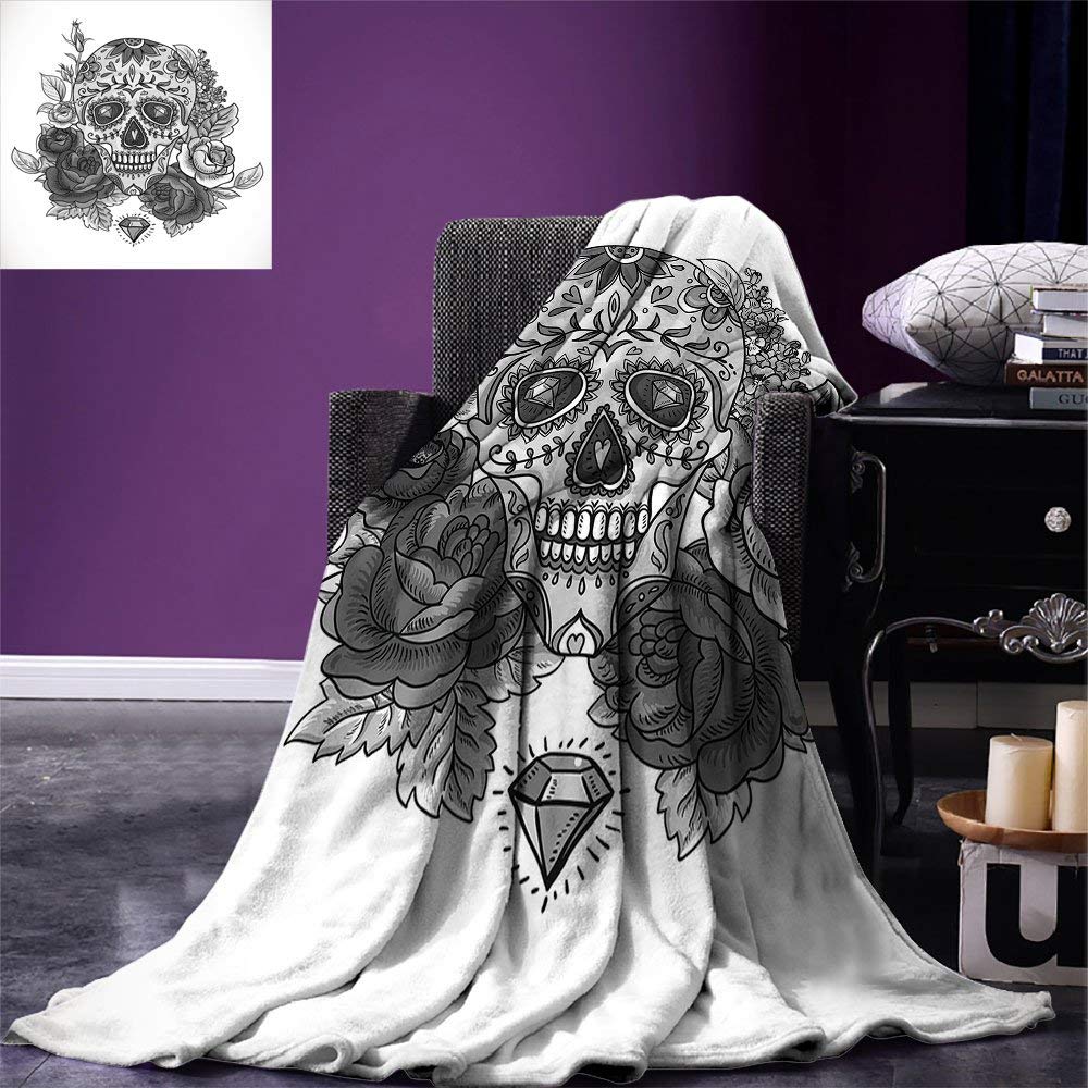 Sugar Skull Throw Monochrome Skull with Roses Leaves and Diamond
