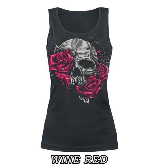 Summer Fashion Women T-Shirt Skull Print Hollow Out T-Shirt O-Neck Sleeveless Sexy Tee Top Plus