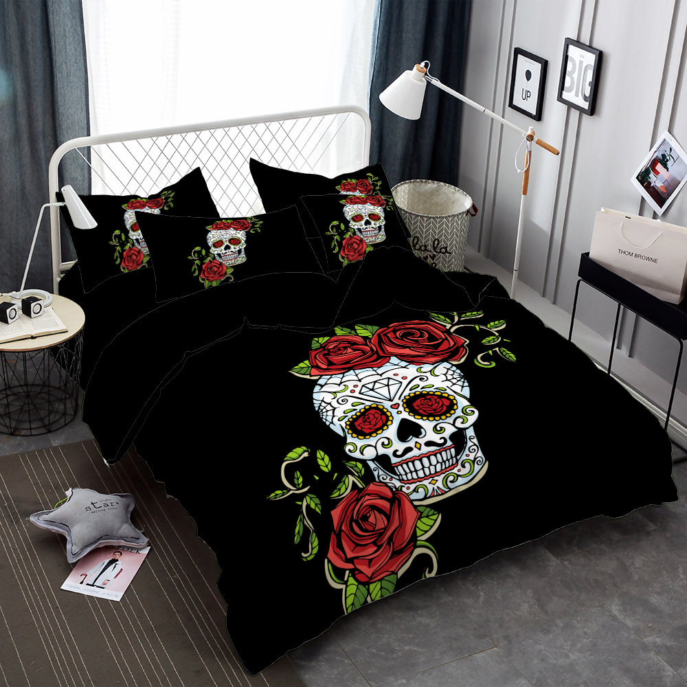 Sweet Sugar Skull Bedding Set Rose Print Lady Duvet Cover Set Pillowcase Soft Bedclothes Bedroom Decor Bed Set 3Pcs