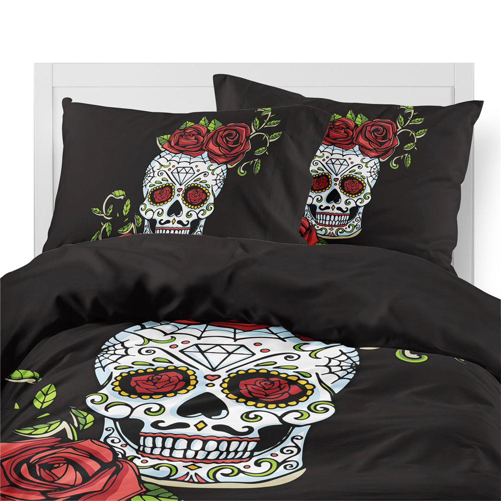 Sweet Sugar Skull Bedding Set Rose Print Lady Duvet Cover Set Pillowcase Soft Bedclothes Bedroom Decor Bed Set 3Pcs