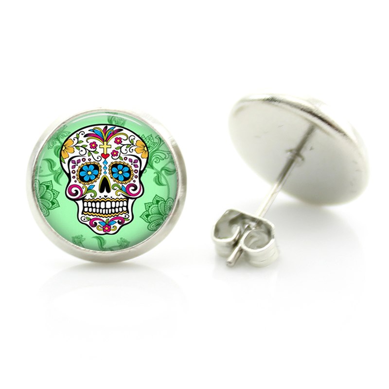 fashion colorful Sugar Skull glass cabochon women stud earrings men women day of the dead jewelry new holiday gifts D1014