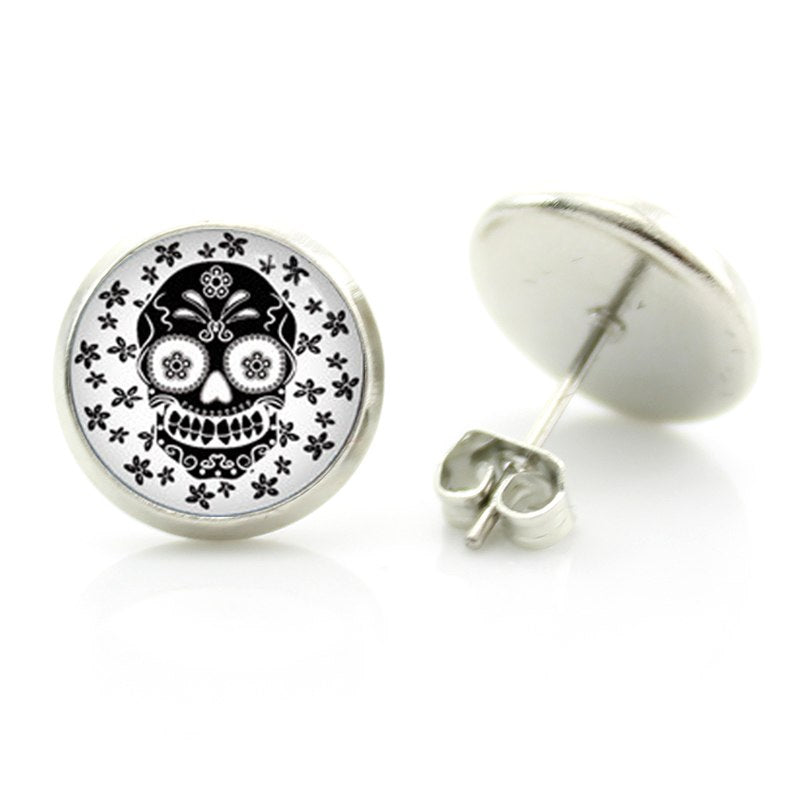 fashion colorful Sugar Skull glass cabochon women stud earrings men women day of the dead jewelry new holiday gifts D1014