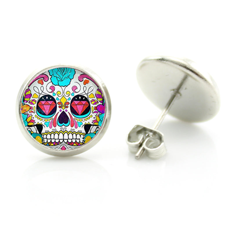 fashion colorful Sugar Skull glass cabochon women stud earrings men women day of the dead jewelry new holiday gifts D1014