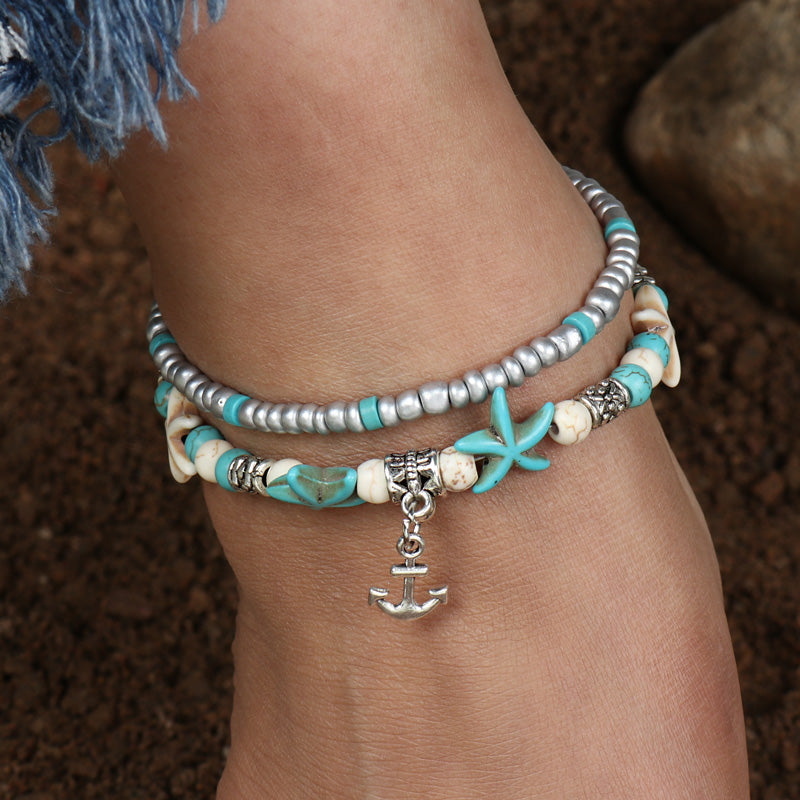 Tenande Bohemian Shell Beads Starfish Anchor Anklets Bracelets for Women Beach Leg Chain Ankle Chain Sandals Foot Jewelry