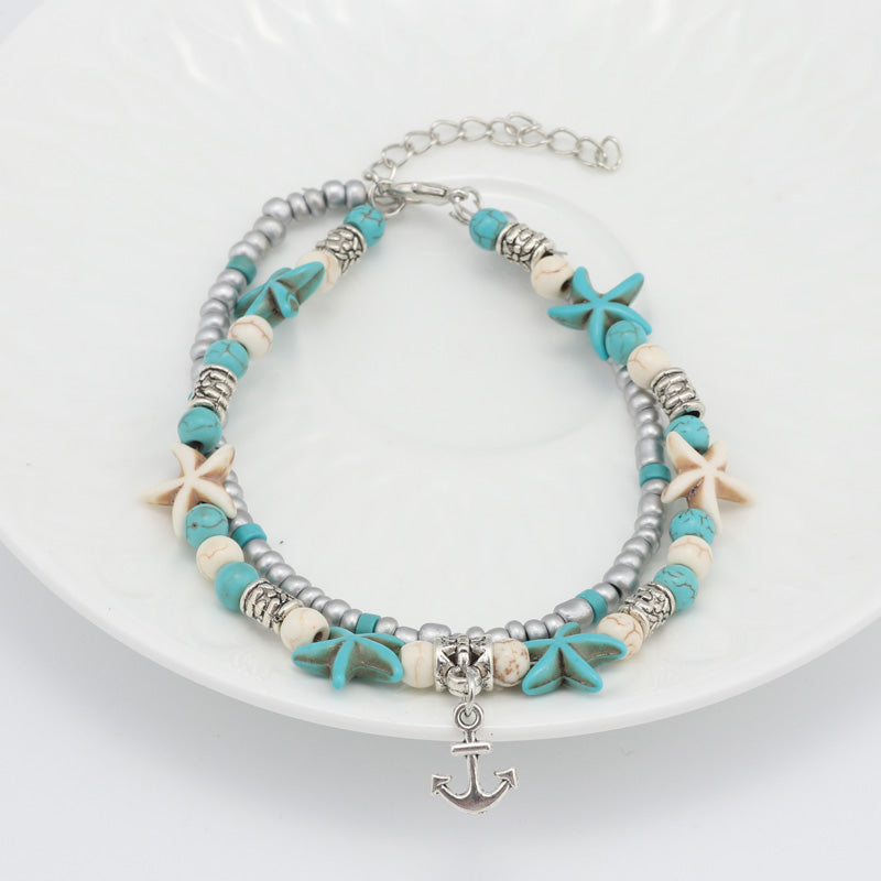 Tenande Bohemian Shell Beads Starfish Anchor Anklets Bracelets for Women Beach Leg Chain Ankle Chain Sandals Foot Jewelry
