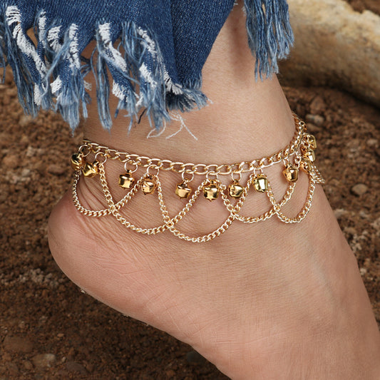 Tenande Trendy Gold Color Chain Bell Tassels Anklets Multi Layer Cross Ankle Bracelet for Women Sandals Cheville Foot Jewelry