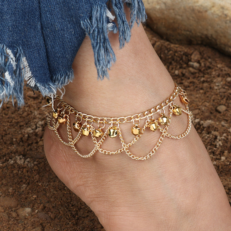 Tenande Trendy Gold Color Chain Bell Tassels Anklets Multi Layer Cross Ankle Bracelet for Women Sandals Cheville Foot Jewelry
