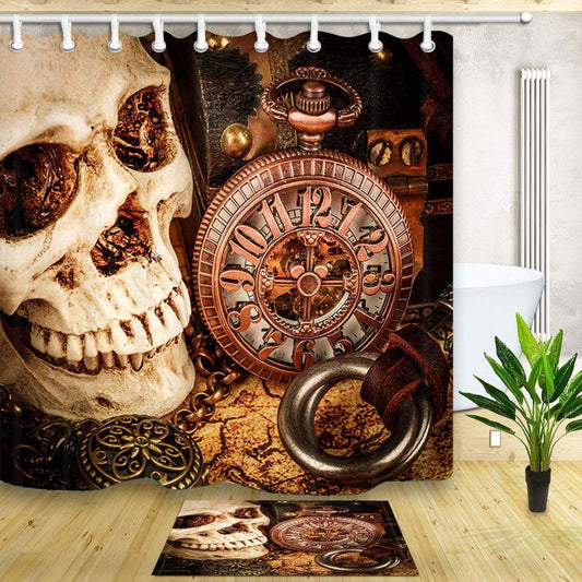 The Spooky Skull with A Mechanical Clock Mildew Resistant  Shower Curtain