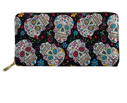 Women's Clutch Money Bags Sugar Skull Printing Long PU Leather