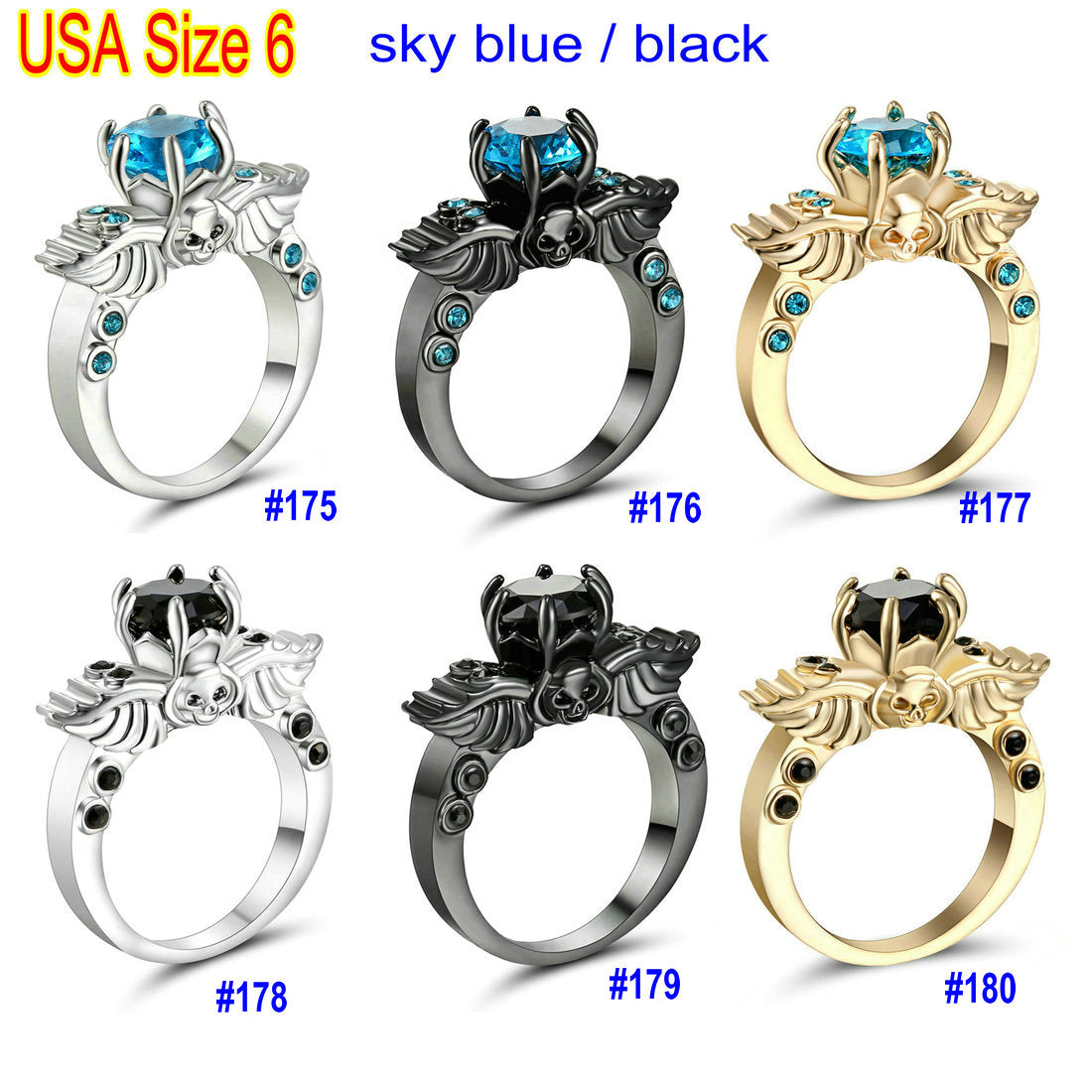 Brand New Arrival Creative Black Silver Gold colour Wing Skull Ring with AAA Zirconia Crystal Plated Party Jewelry