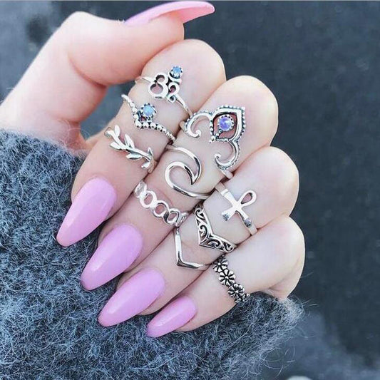 10pcs/Set Bohemia Crown Flower Crystal Wave Rings Set Knuckle Finger Midi Rings for Women Party Jewelry 4227