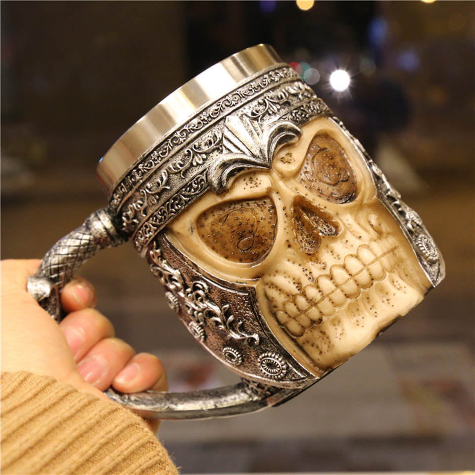 3D Creative Skull Mug Double Wall Stainless Steel Tea Cup Milk Bottle Coffee Mug Skull Knight Tankard Drinking Mug