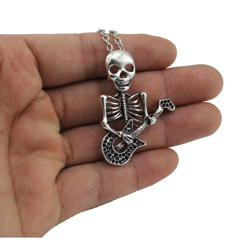 Women's Jewelry Vintage Silver Tone 1.8"X1.4" Play The Guitar Skull Pendant Short Necklace