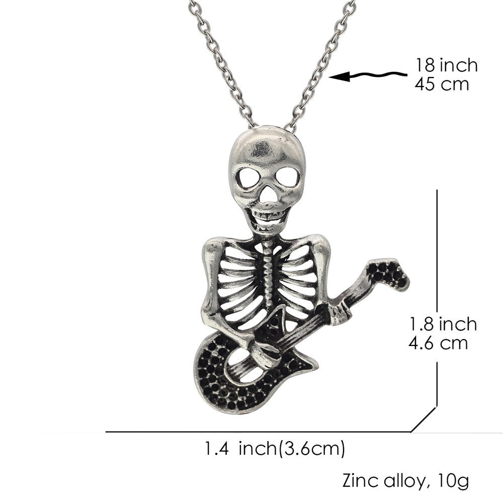 Women's Jewelry Vintage Silver Tone 1.8"X1.4" Play The Guitar Skull Pendant Short Necklace
