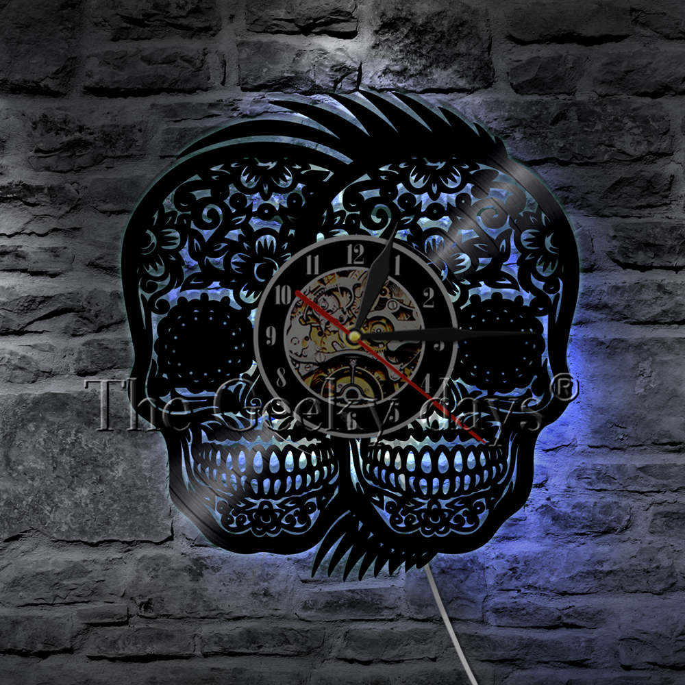 Two Skull Heads Halloween Wall Art Skeleton Heads Vinyl Record Wall Clock Home Decor Death Skulls Modern Wall Clock Handmade Art