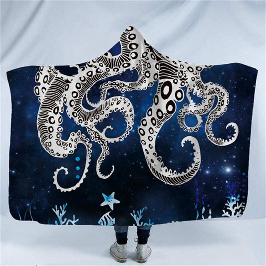 Skull Octopus Dinosaur Printed Plush Hooded Blanket